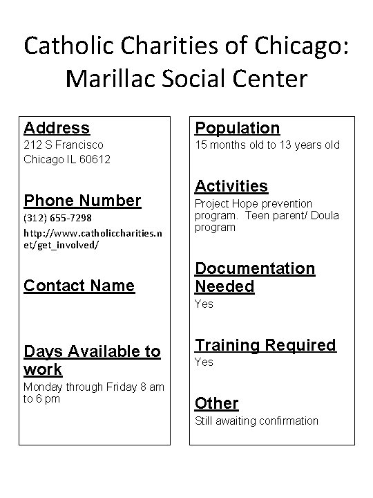 Catholic Charities of Chicago: Marillac Social Center Address Population 212 S Francisco Chicago IL