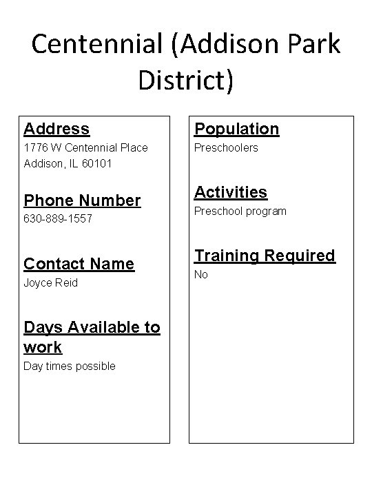 Centennial (Addison Park District) Address Population 1776 W Centennial Place Addison, IL 60101 Preschoolers