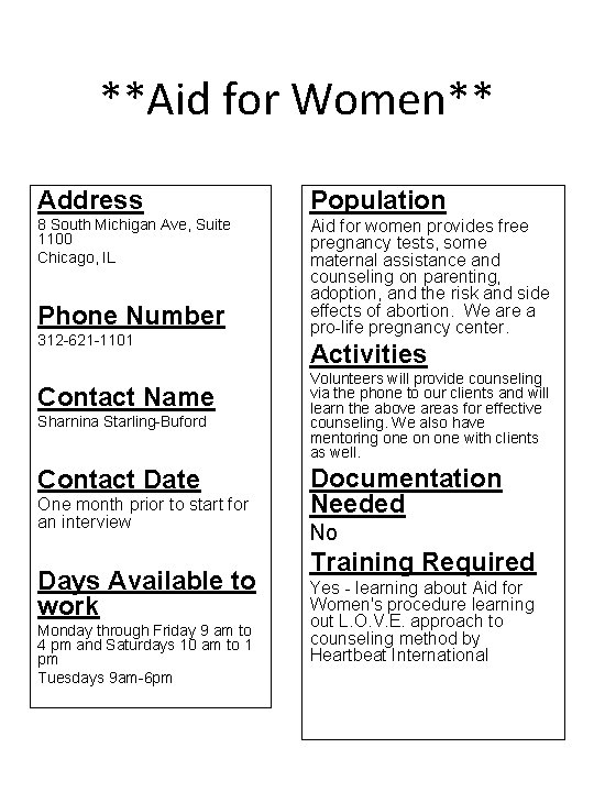 **Aid for Women** Address Population 8 South Michigan Ave, Suite 1100 Chicago, IL Aid