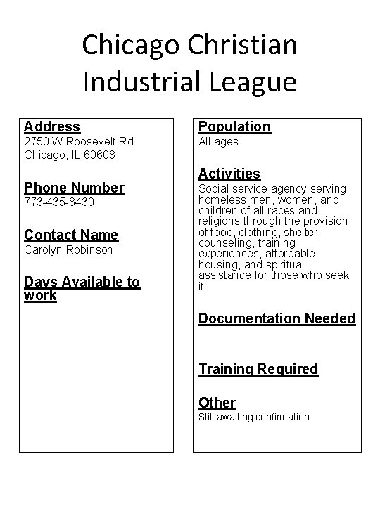 Chicago Christian Industrial League Address Population 2750 W Roosevelt Rd Chicago, IL 60608 All