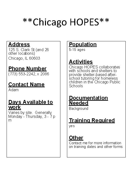 **Chicago HOPES** Address Population 125 S. Clark St (and 26 other locations) Chicago, IL