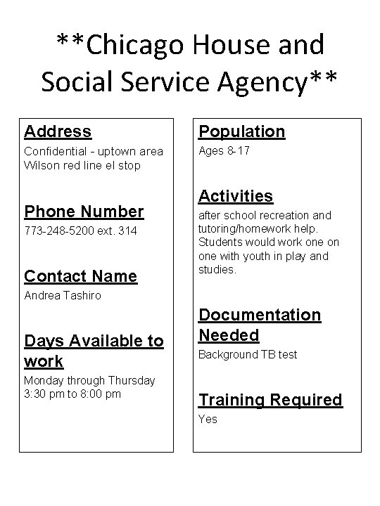 **Chicago House and Social Service Agency** Address Population Confidential - uptown area Wilson red