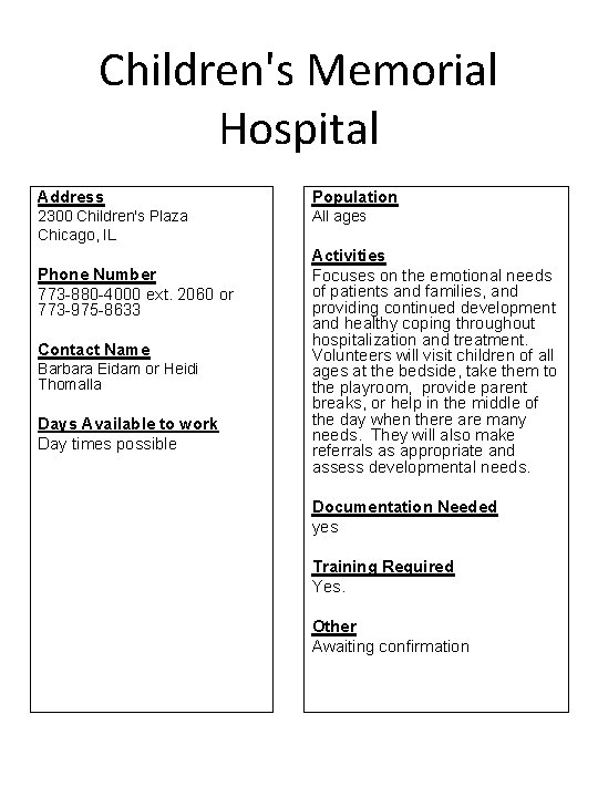 Children's Memorial Hospital Address Population 2300 Children's Plaza Chicago, IL All ages Phone Number
