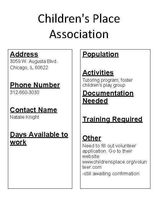 Children's Place Association Address 3059 W. Augusta Blvd. Chicago, IL 60622 Phone Number 312