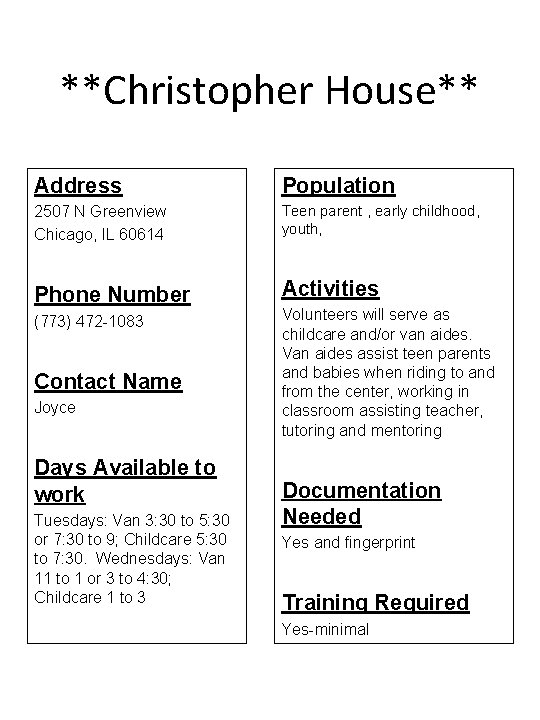 **Christopher House** Address Population 2507 N Greenview Chicago, IL 60614 Teen parent , early