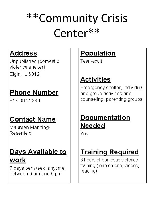 **Community Crisis Center** Address Population Unpublished (domestic violence shelter) Elgin, IL 60121 Teen-adult Phone