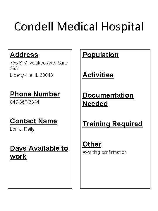 Condell Medical Hospital Address Population 755 S Milwaukee Ave, Suite 283 Libertyville, IL 60048