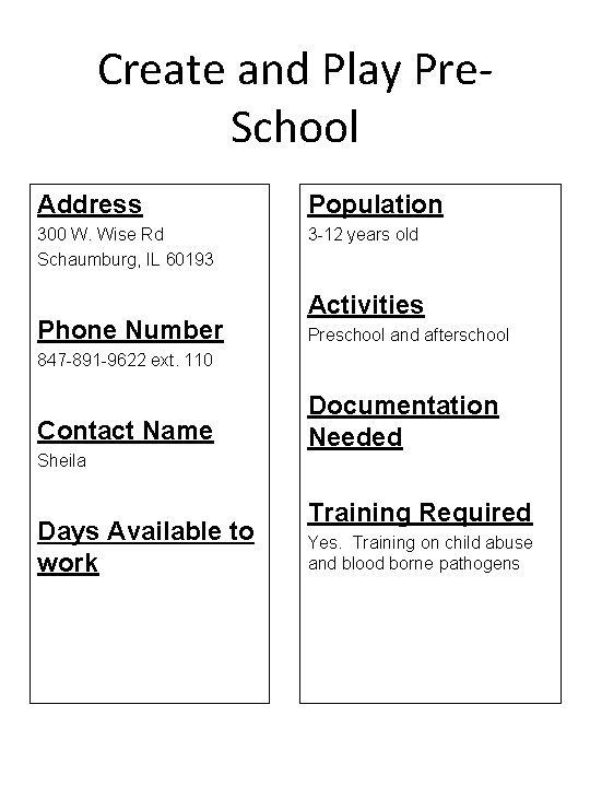 Create and Play Pre. School Address Population 300 W. Wise Rd Schaumburg, IL 60193