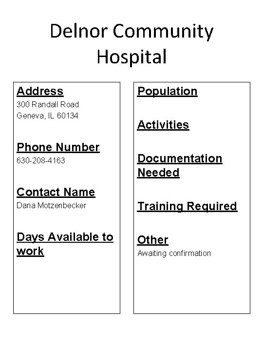 Delnor Community Hospital Address 300 Randall Road Geneva, IL 60134 Phone Number 630 -208