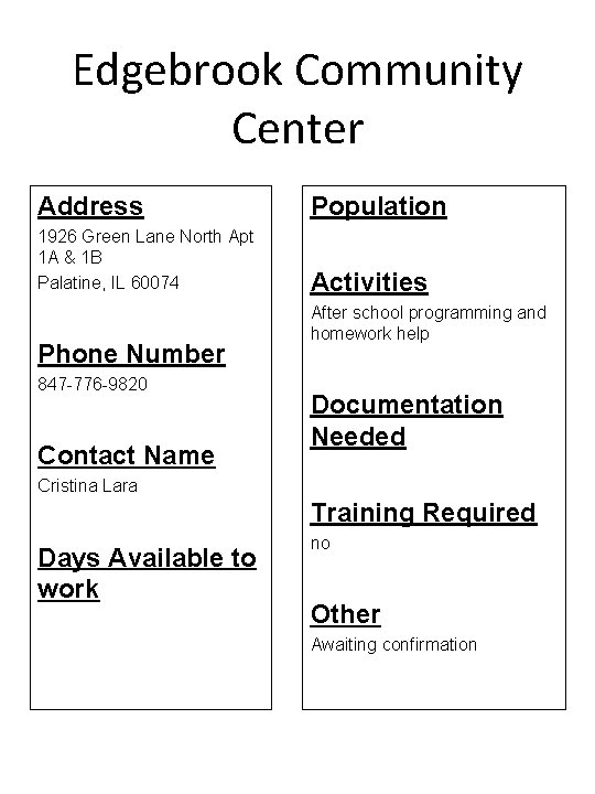 Edgebrook Community Center Address Population 1926 Green Lane North Apt 1 A & 1