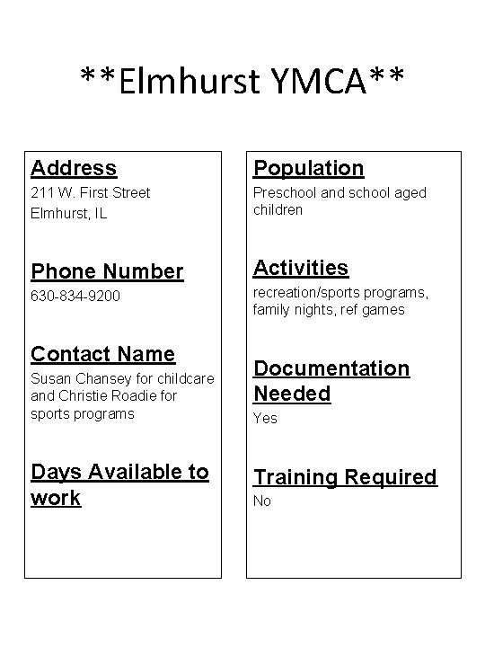 **Elmhurst YMCA** Address Population 211 W. First Street Elmhurst, IL Preschool and school aged