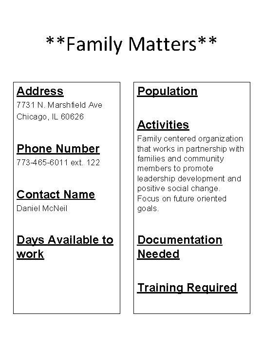 **Family Matters** Address 7731 N. Marshfield Ave Chicago, IL 60626 Population Activities Daniel Mc.