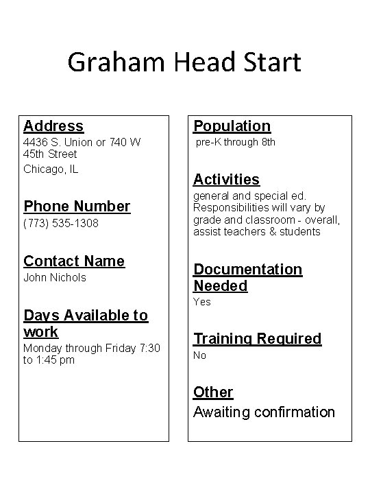 Graham Head Start Address Population 4436 S. Union or 740 W 45 th Street