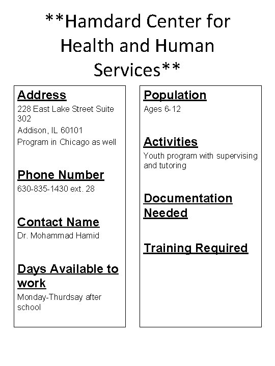 **Hamdard Center for Health and Human Services** Address Population 228 East Lake Street Suite