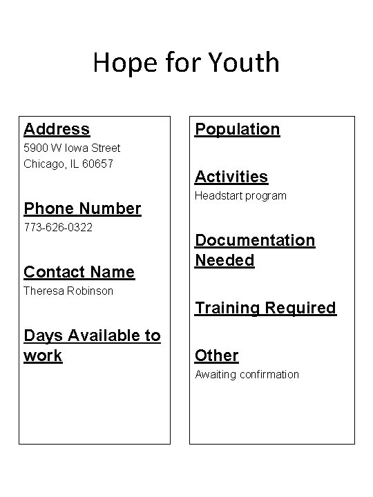 Hope for Youth Address 5900 W Iowa Street Chicago, IL 60657 Phone Number 773