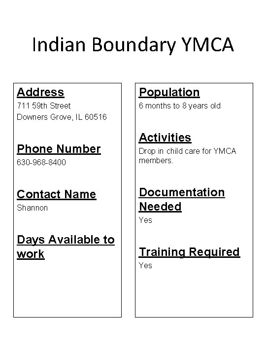 Indian Boundary YMCA Address Population 711 59 th Street Downers Grove, IL 60516 6