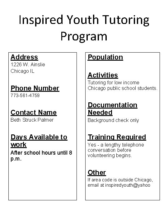 Inspired Youth Tutoring Program Address 1226 W. Ainslie Chicago IL Phone Number Population Activities