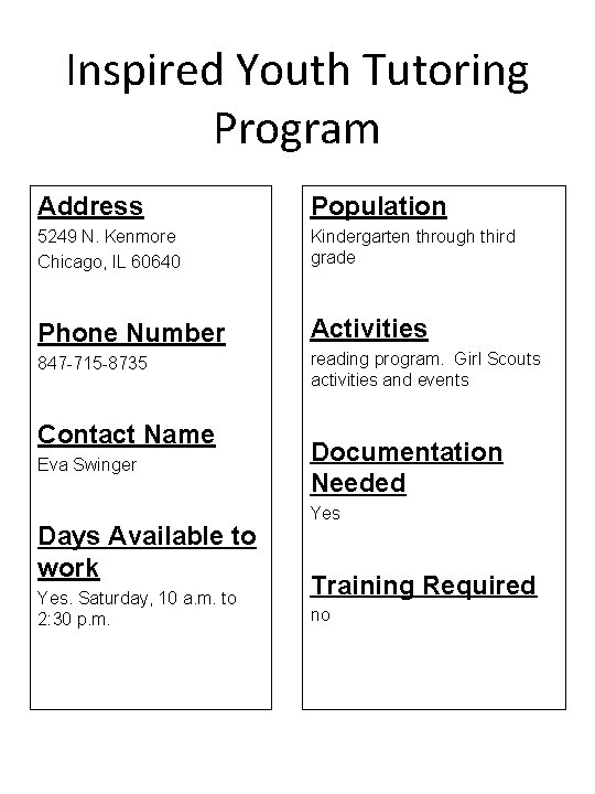 Inspired Youth Tutoring Program Address Population 5249 N. Kenmore Chicago, IL 60640 Kindergarten through