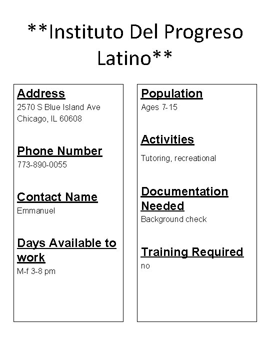 **Instituto Del Progreso Latino** Address Population 2570 S Blue Island Ave Chicago, IL 60608