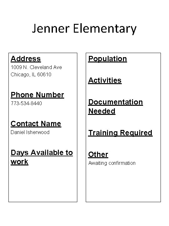 Jenner Elementary Address 1009 N. Cleveland Ave Chicago, IL 60610 Phone Number 773 -534