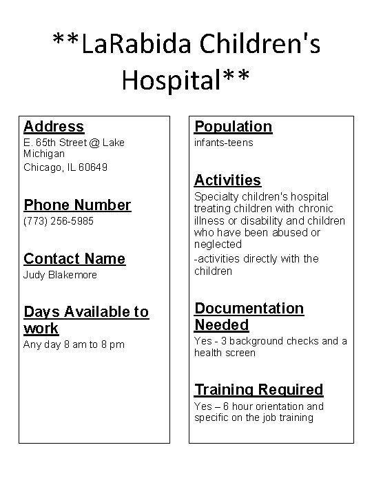 **La. Rabida Children's Hospital** Address Population E. 65 th Street @ Lake Michigan Chicago,