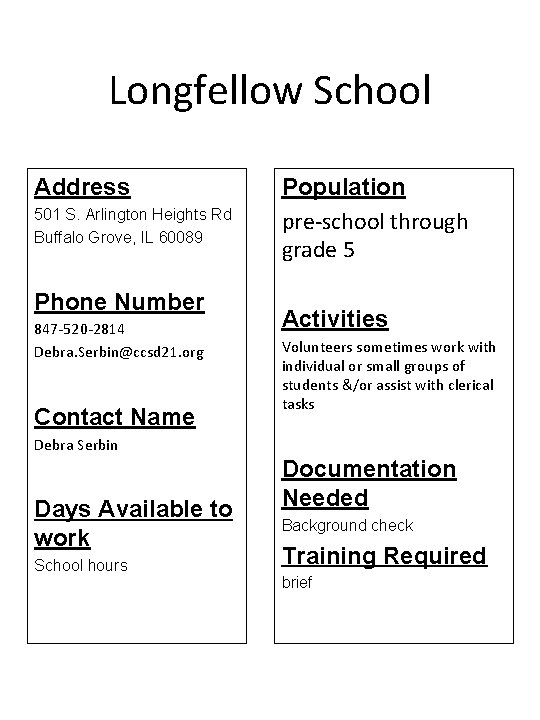 Longfellow School Address 501 S. Arlington Heights Rd Buffalo Grove, IL 60089 Phone Number