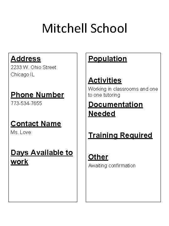 Mitchell School Address 2233 W. Ohio Street Chicago IL Phone Number 773 -534 -7655
