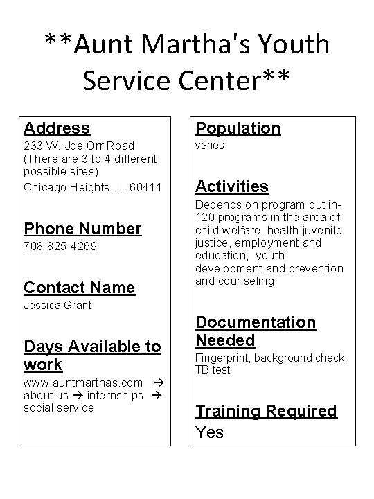 **Aunt Martha's Youth Service Center** Address Population 233 W. Joe Orr Road (There are