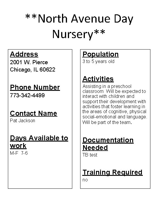 **North Avenue Day Nursery** Address Population 2001 W. Pierce Chicago, IL 60622 3 to