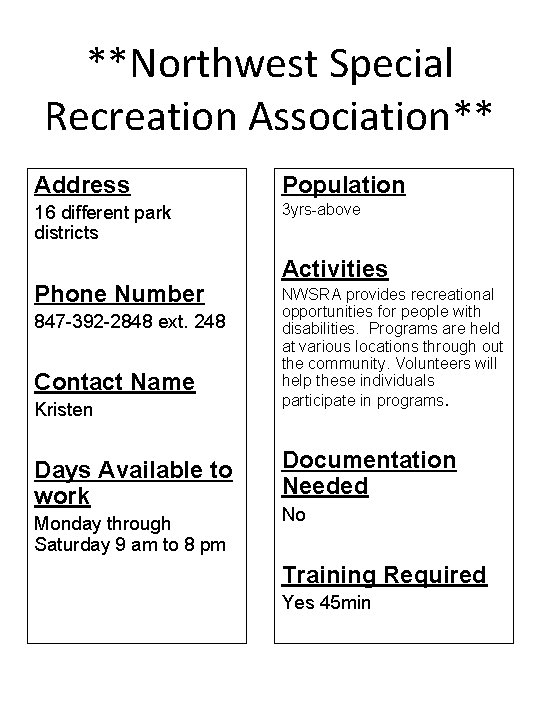 **Northwest Special Recreation Association** Address Population 16 different park districts 3 yrs-above Phone Number