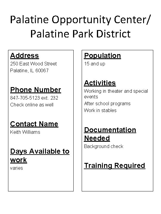 Palatine Opportunity Center/ Palatine Park District Address Population 250 East Wood Street Palatine, IL