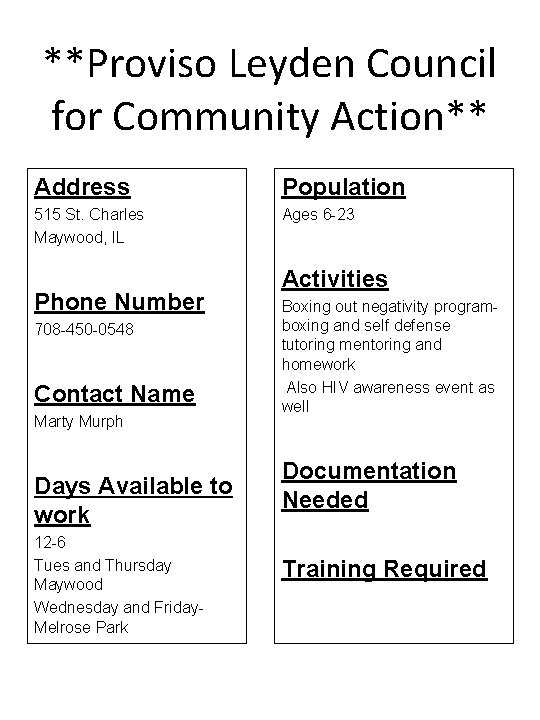 **Proviso Leyden Council for Community Action** Address Population 515 St. Charles Maywood, IL Ages