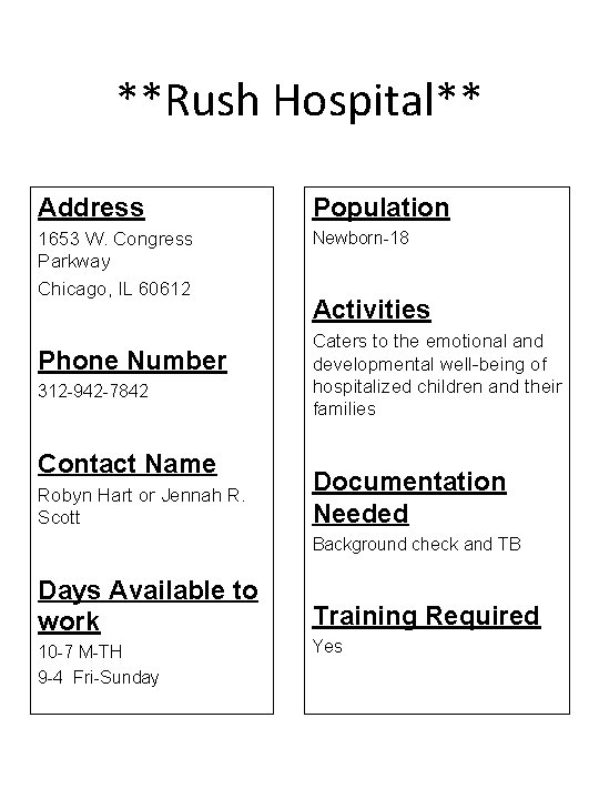 **Rush Hospital** Address Population 1653 W. Congress Parkway Chicago, IL 60612 Newborn-18 Phone Number