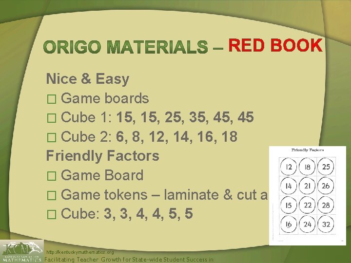 RED BOOK Nice & Easy � Game boards � Cube 1: 15, 25, 35,