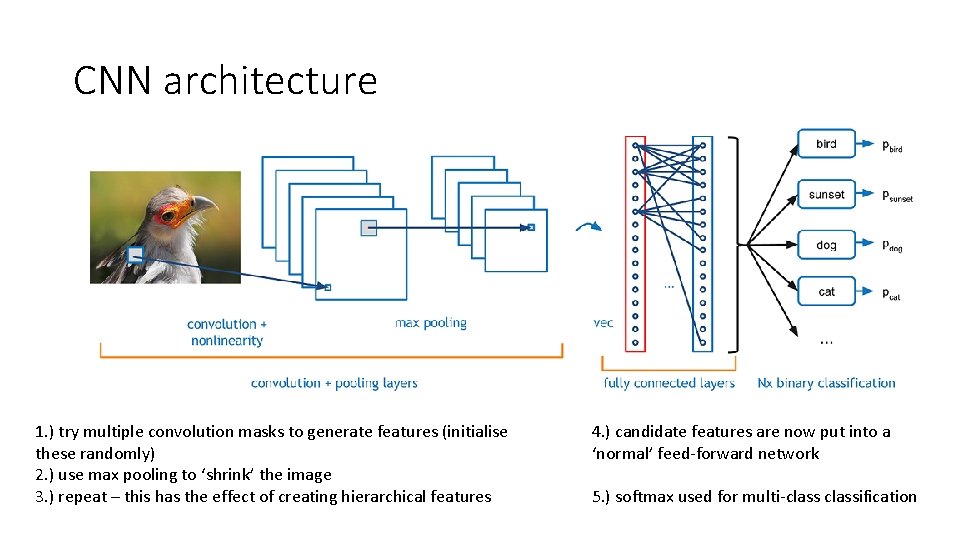 CNN architecture 1. ) try multiple convolution masks to generate features (initialise these randomly)