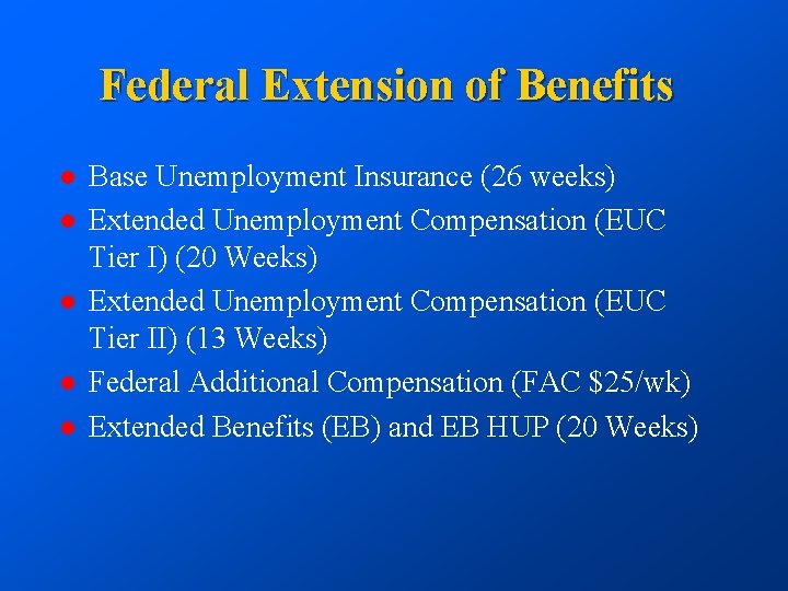 Federal Extension of Benefits l l l Base Unemployment Insurance (26 weeks) Extended Unemployment