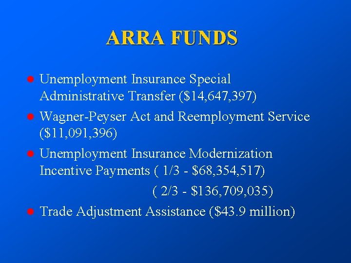 ARRA FUNDS l l Unemployment Insurance Special Administrative Transfer ($14, 647, 397) Wagner-Peyser Act