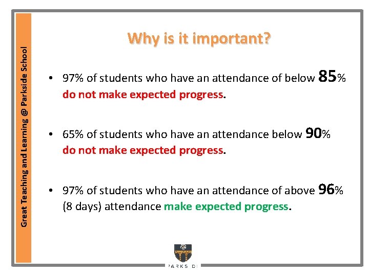 Great Teaching and Learning @ Parkside School Why is it important? • 97% of Great Teaching and Learning @ Parkside School Why is it important? • 97% of