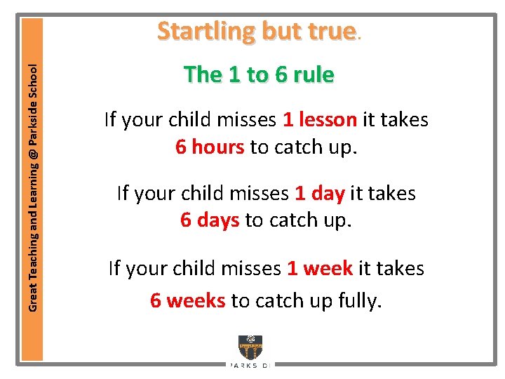 Great Teaching and Learning @ Parkside School Startling but true. The 1 to 6 Great Teaching and Learning @ Parkside School Startling but true. The 1 to 6