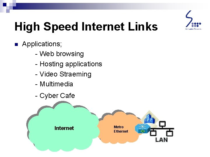 High Speed Internet Links n Applications; - Web browsing - Hosting applications - Video High Speed Internet Links n Applications; - Web browsing - Hosting applications - Video