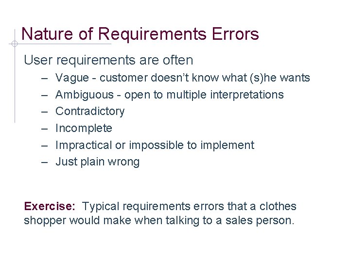 Nature of Requirements Errors User requirements are often – – – Vague - customer