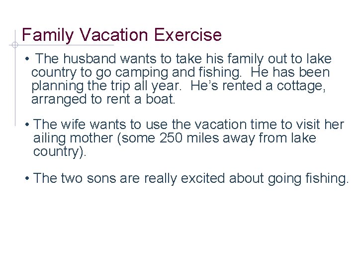 Family Vacation Exercise • The husband wants to take his family out to lake