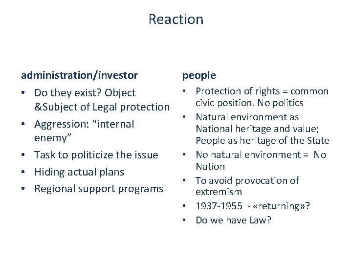 Reaction administration/investor people • Do they exist? Object &Subject of Legal protection • Aggression: