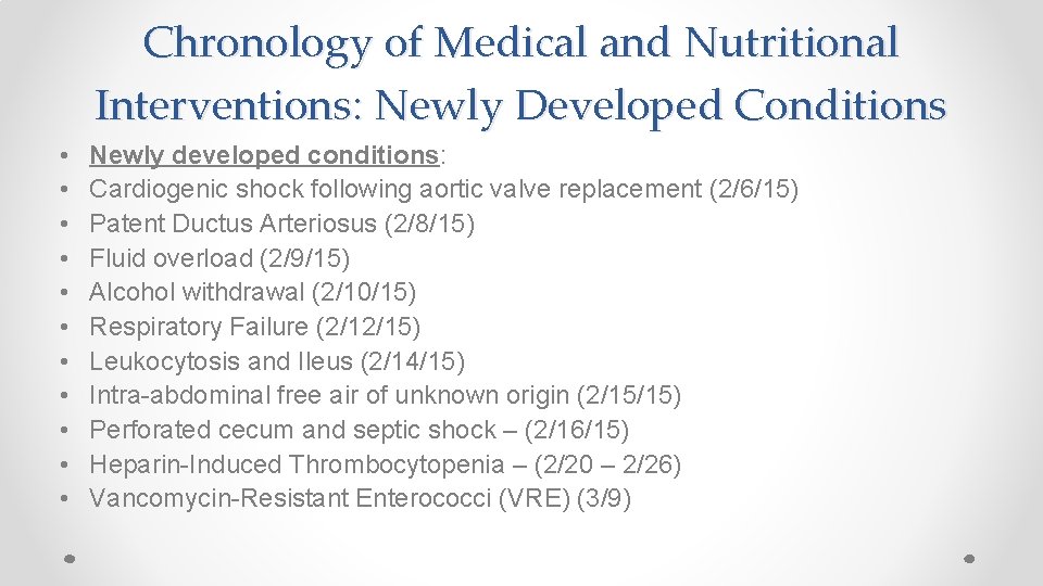 Chronology of Medical and Nutritional Interventions: Newly Developed Conditions • • • Newly developed