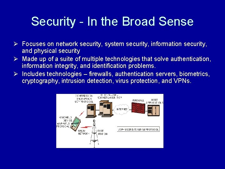 Security - In the Broad Sense Ø Focuses on network security, system security, information