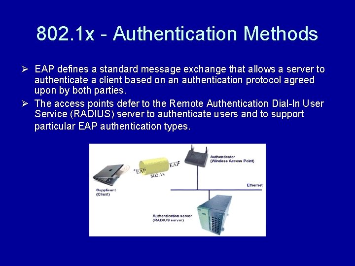 802. 1 x - Authentication Methods Ø EAP defines a standard message exchange that