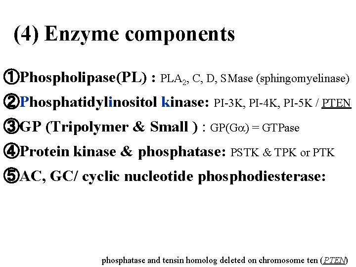 (4) Enzyme components ①Phospholipase(PL) : PLA 2, C, D, SMase (sphingomyelinase) ②Phosphatidylinositol kinase: PI-3