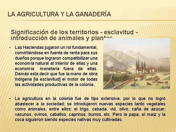 LA AGRICULTURA Y LA GANADERÍA Significación de los territorios - esclavitud introducción de animales