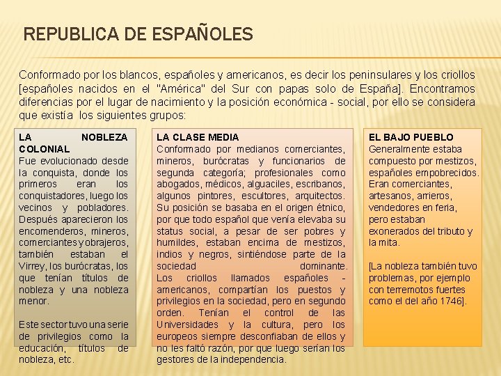 REPUBLICA DE ESPAÑOLES Conformado por los blancos, españoles y americanos, es decir los peninsulares