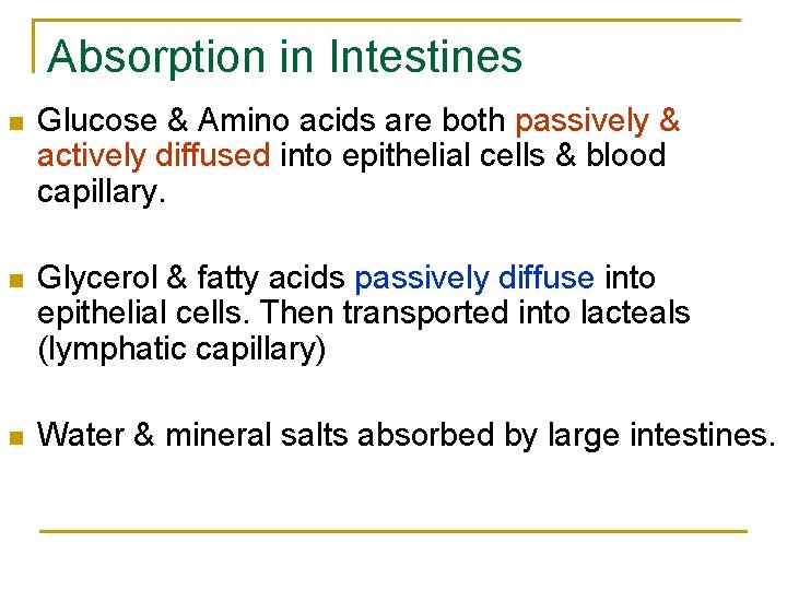 Absorption in Intestines n Glucose & Amino acids are both passively & actively diffused Absorption in Intestines n Glucose & Amino acids are both passively & actively diffused